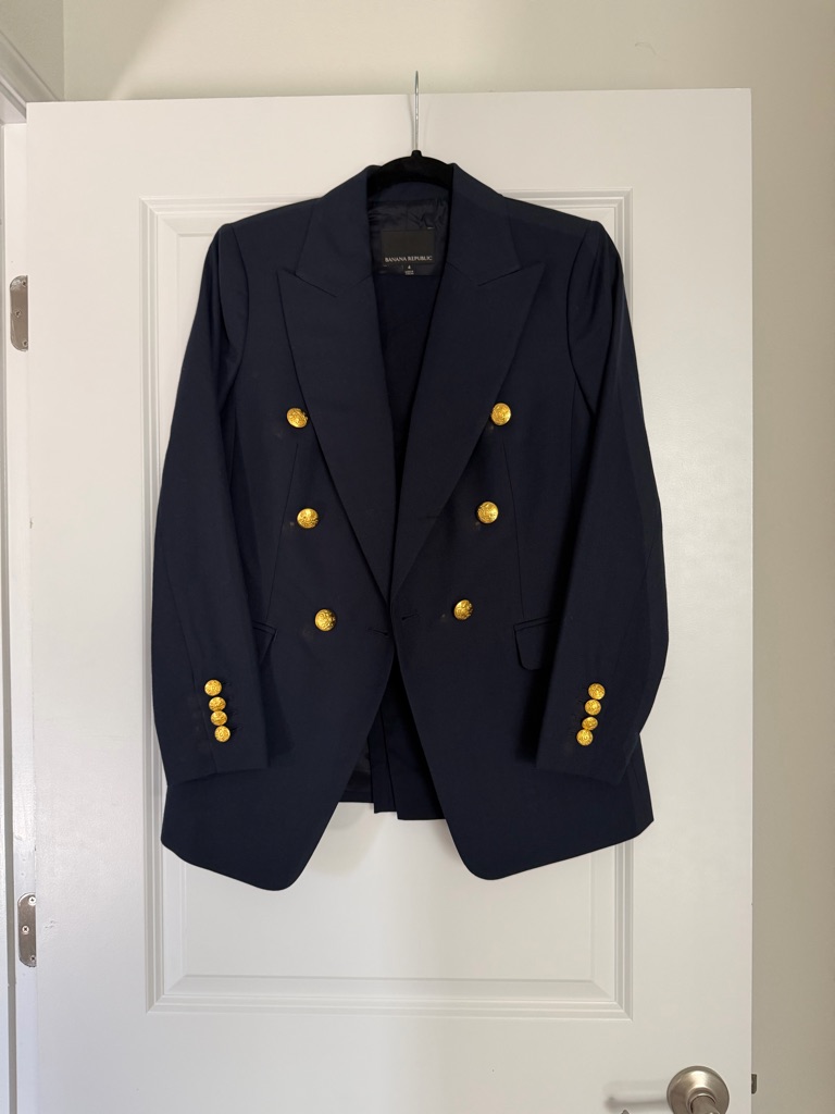 Banana Republic Navy Suit: Double-Breasted Blazer With Gold Buttons